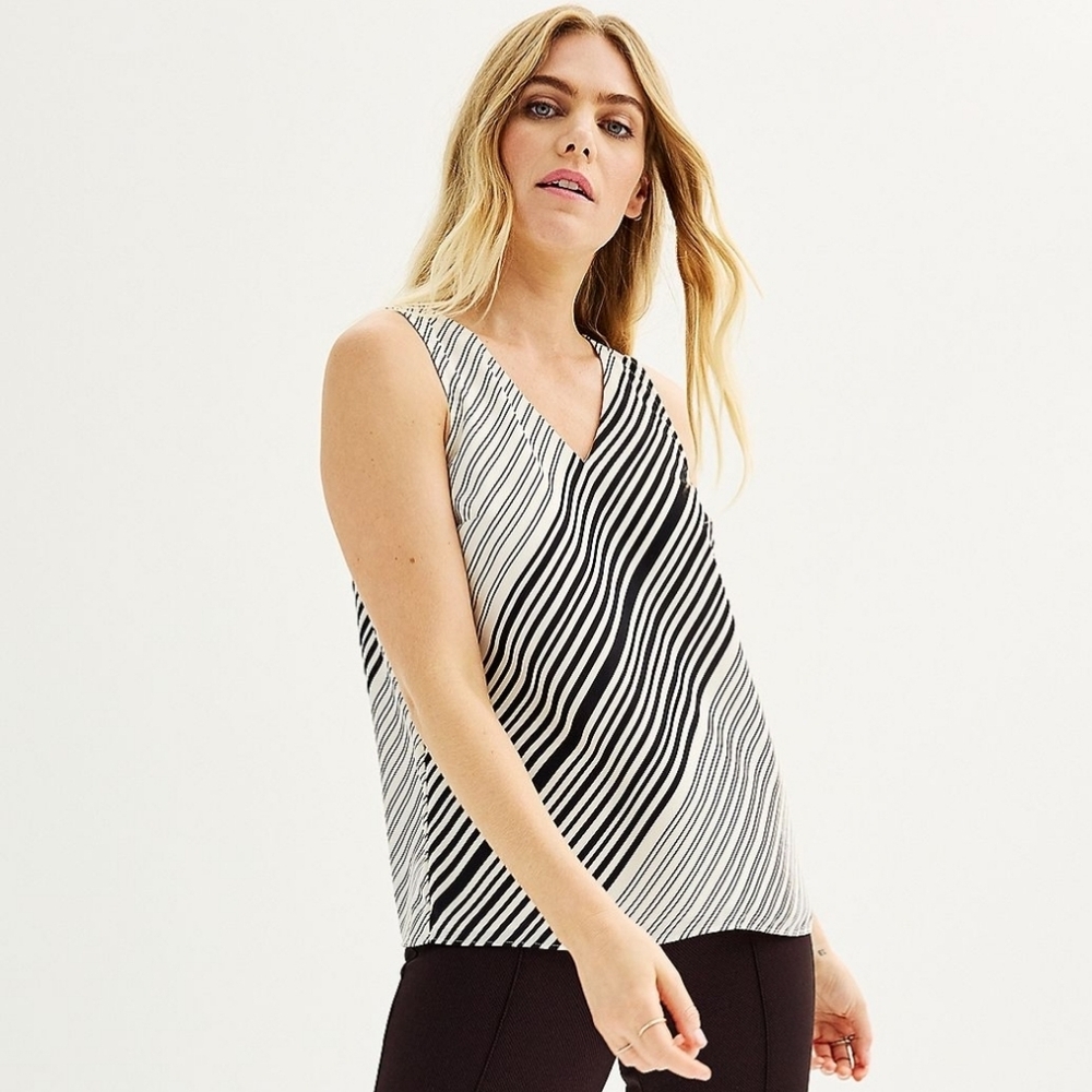 Nine West Black and White Striped V-Neck Sleeveless Top Size Large
